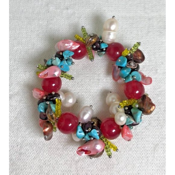 Trendy Boho Multi-Color Stretch Bracelet with Turquoise, Red, Green, Pearl - Picture 2 of 5